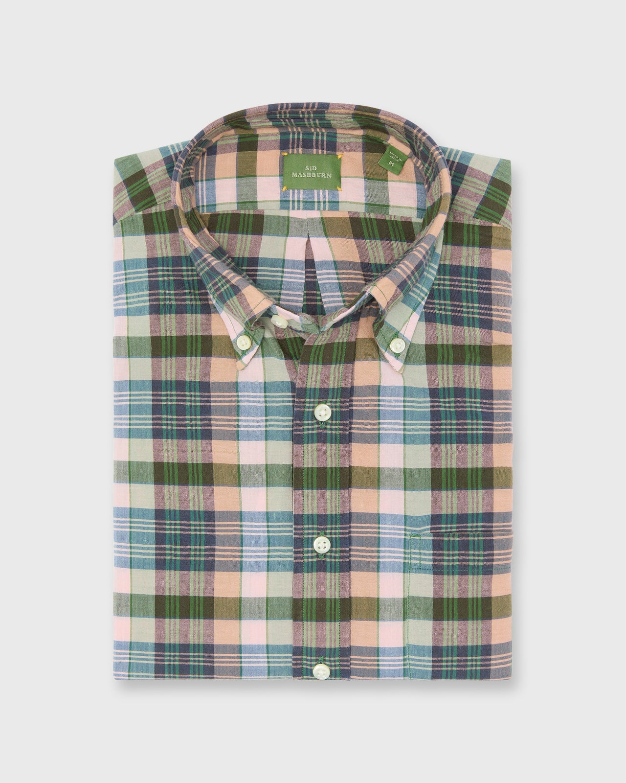 Handmade Button-Down Sport Shirt in Pink/Olive/Navy Madras