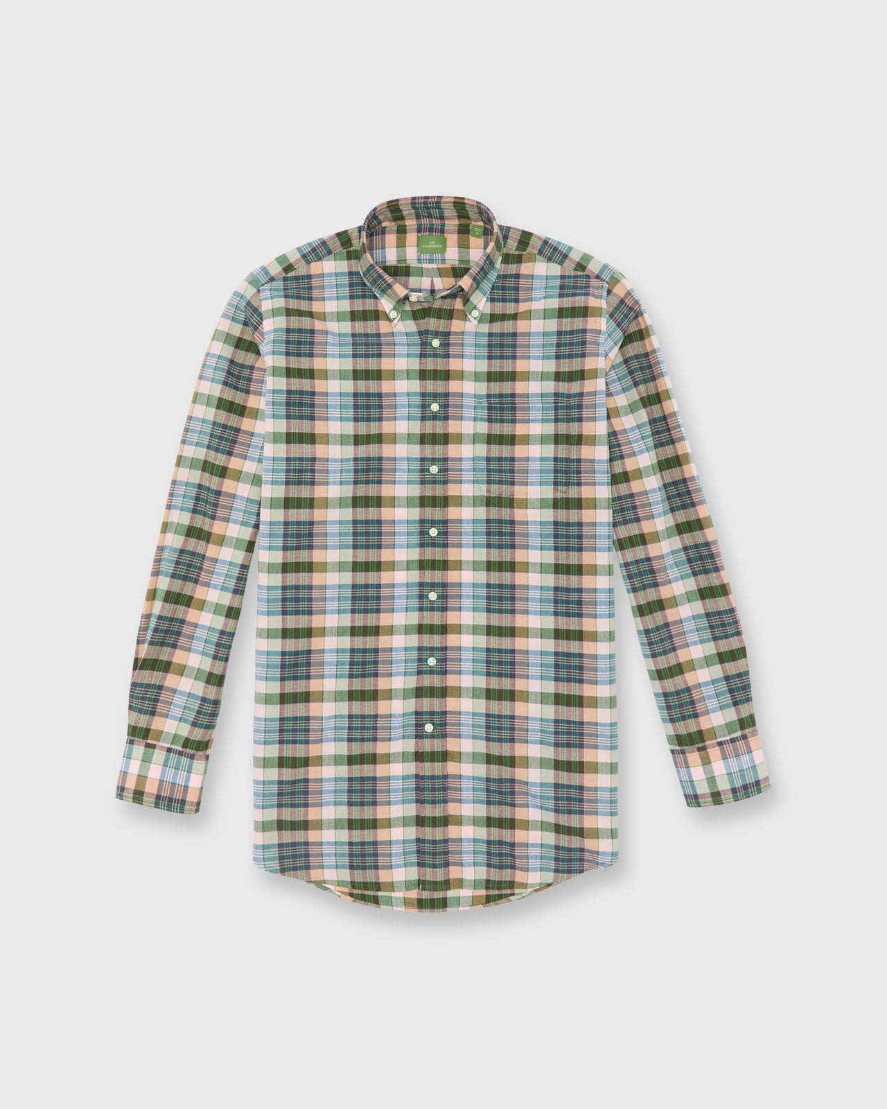 Handmade Button-Down Sport Shirt in Pink/Olive/Navy Madras