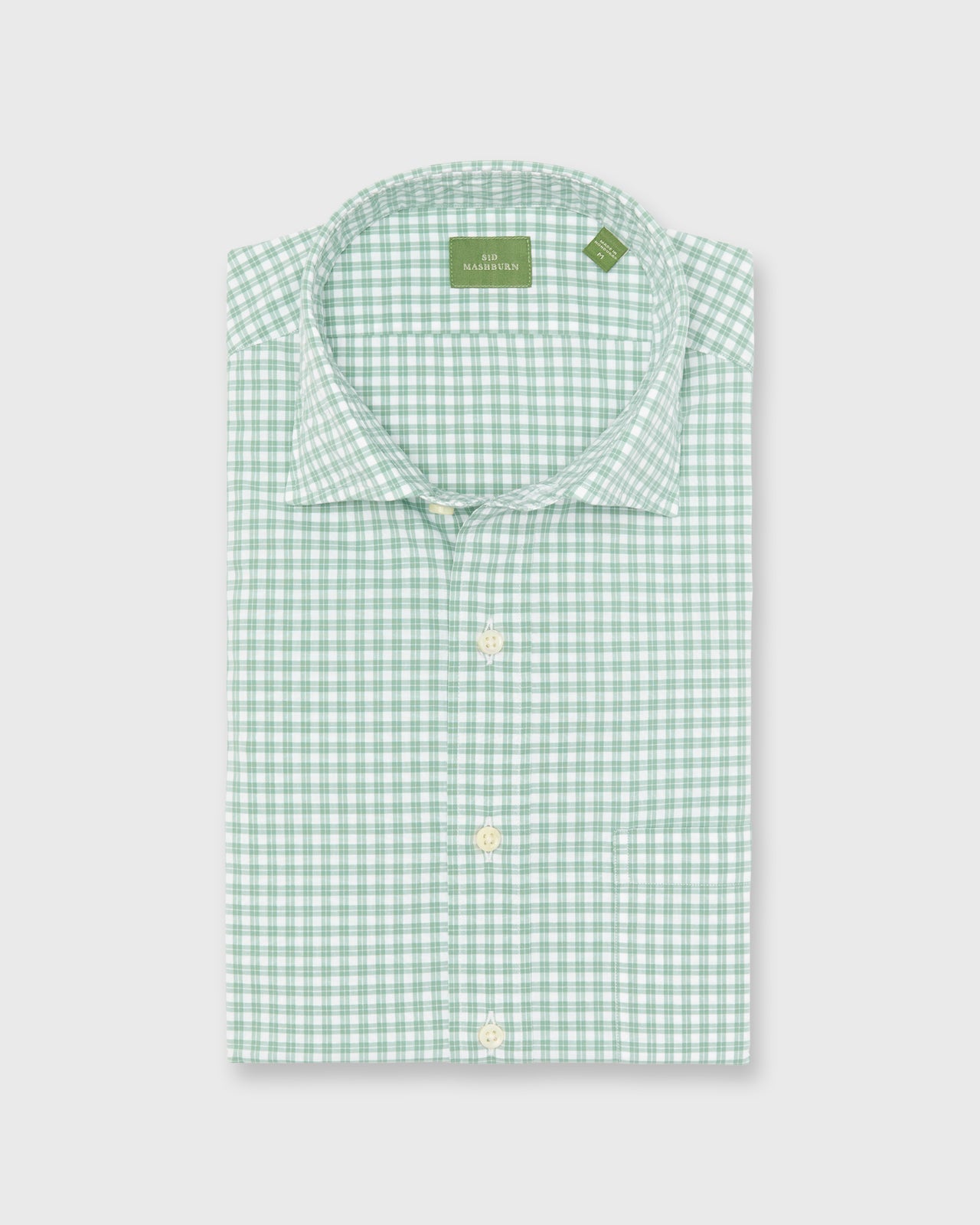 Spread Collar Sport Shirt in White/Sage Check Poplin