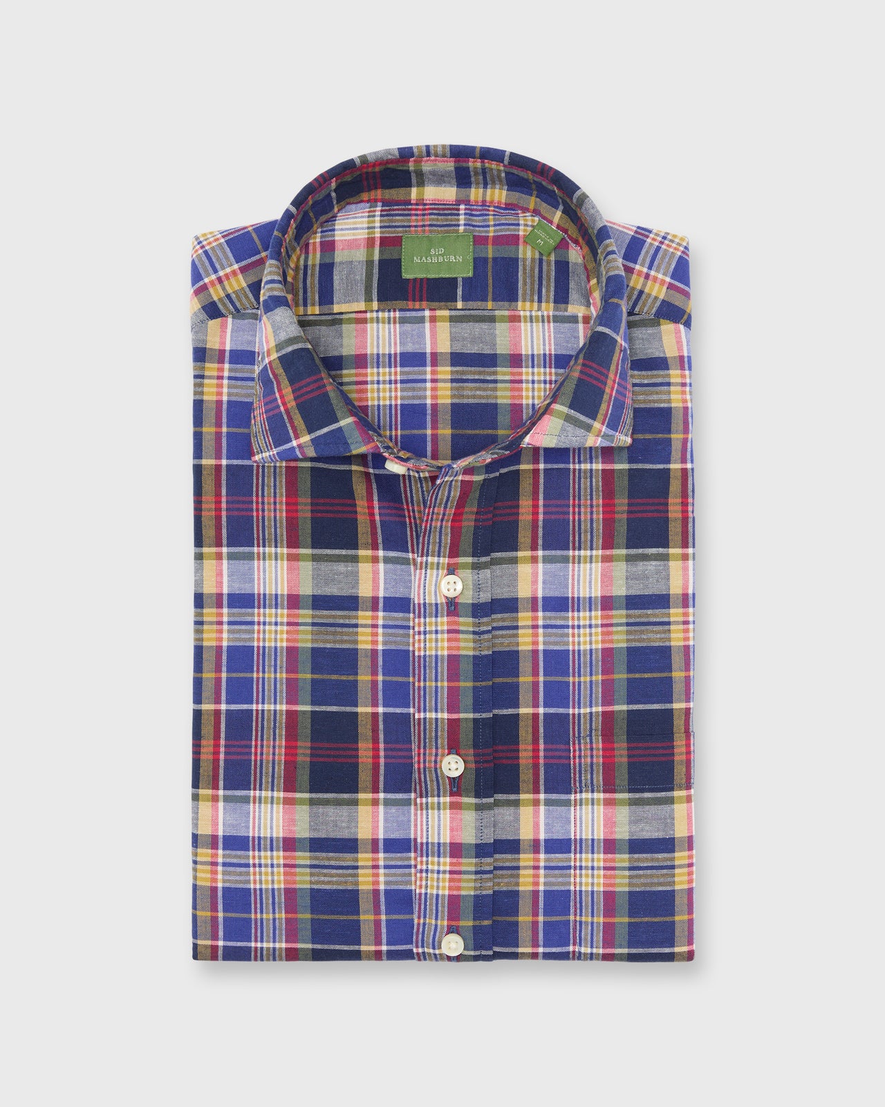 Spread Collar Sport Shirt in Blue/Red/Olive Plaid Chambray