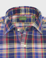 Load image into Gallery viewer, Spread Collar Sport Shirt in Blue/Red/Olive Plaid Chambray
