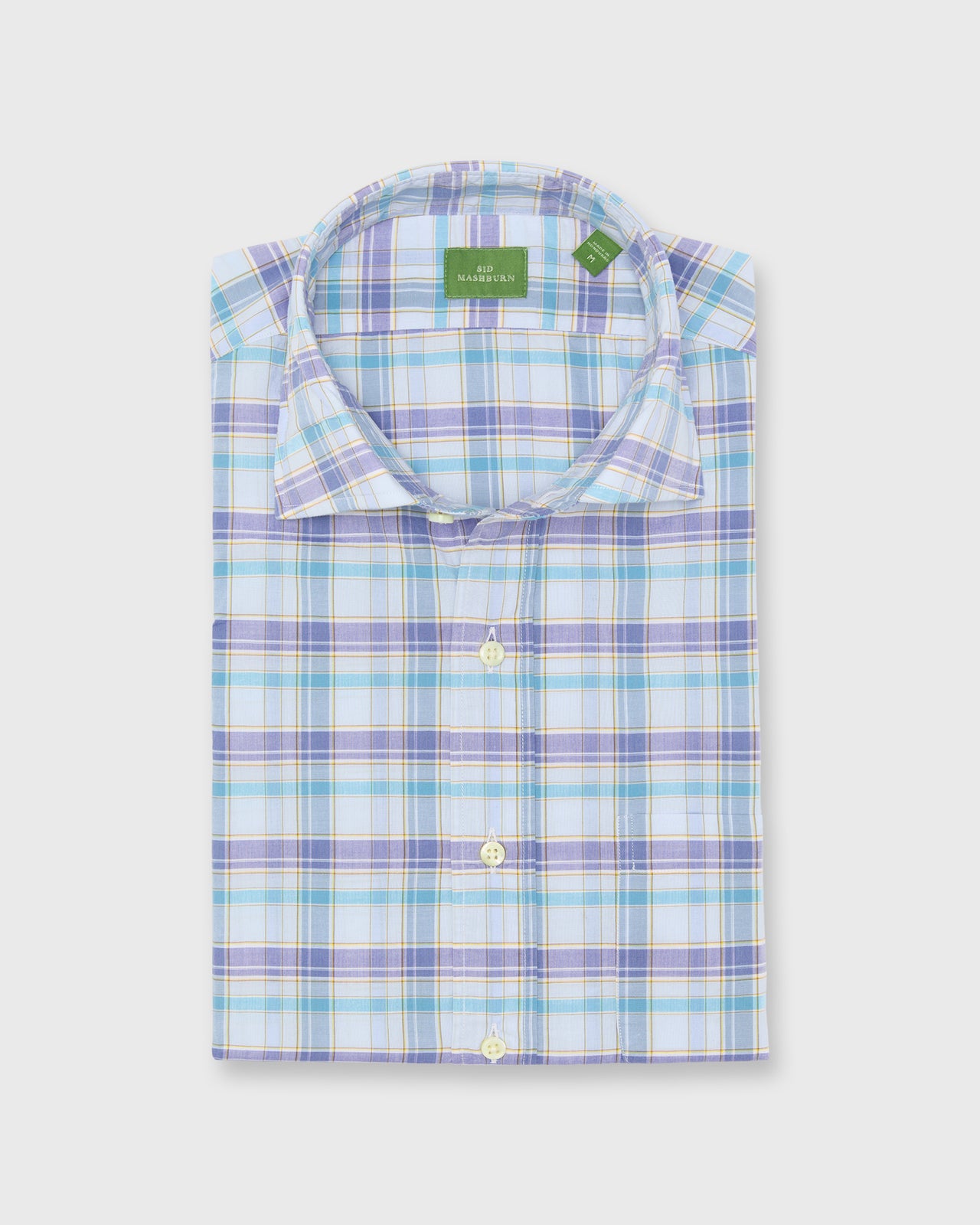 Spread Collar Sport Shirt in Blue Multi/Gold Plaid Poplin