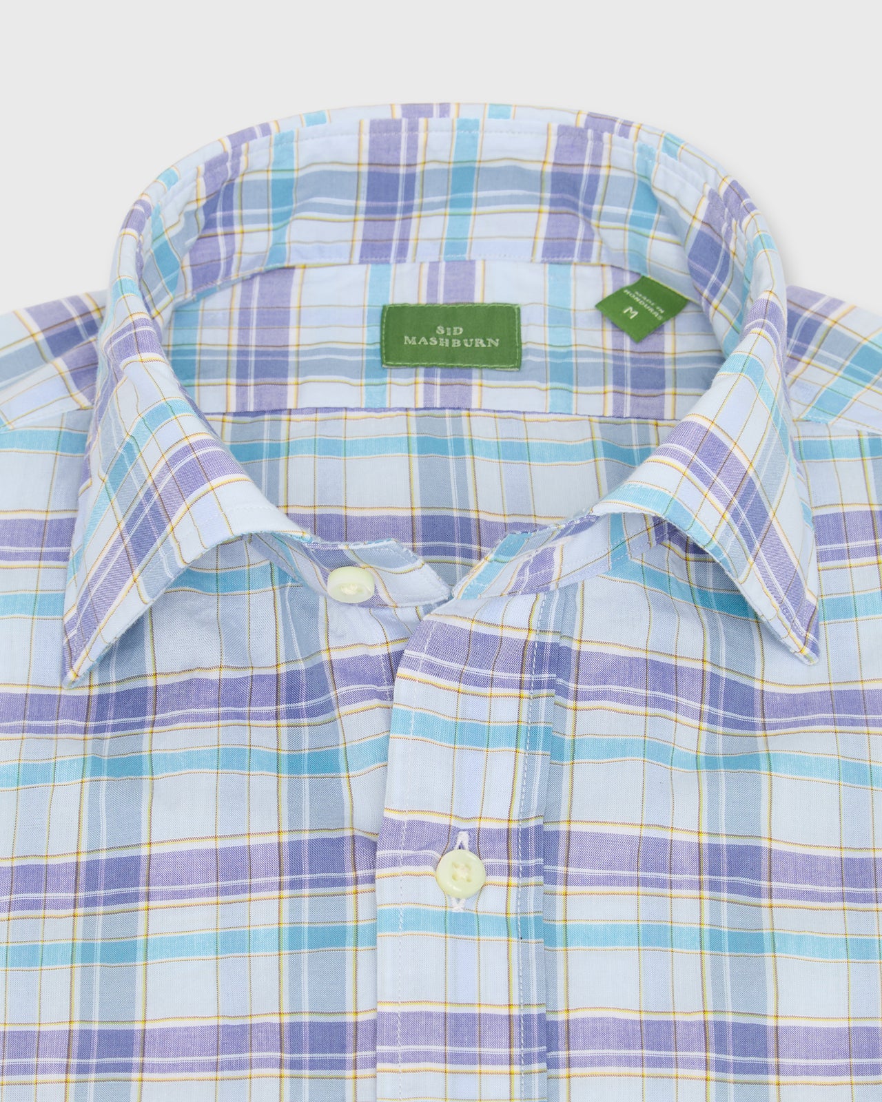 Spread Collar Sport Shirt in Blue Multi/Gold Plaid Poplin