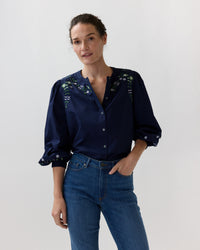 Nanette Blouse in Navy/Green Embroidered Poplin