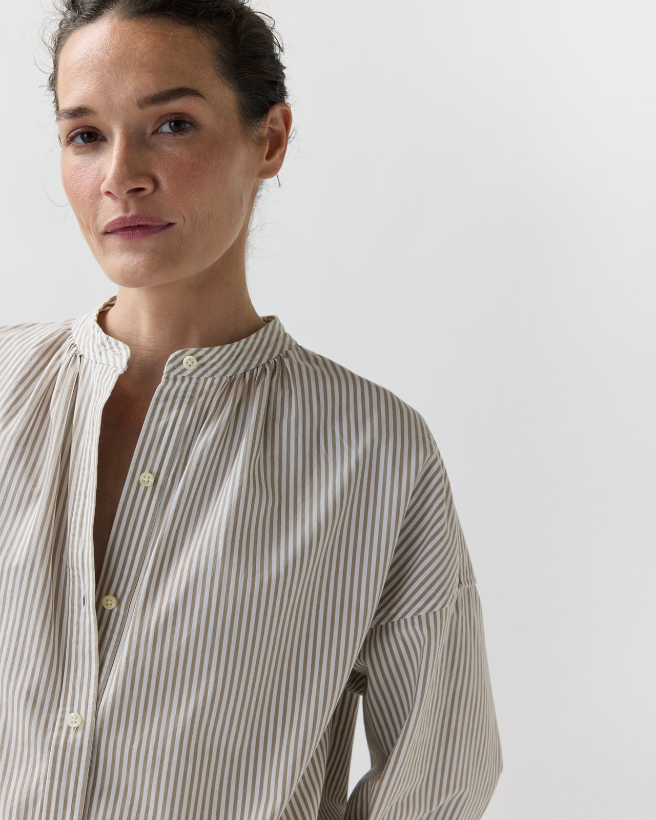 Sunny Blouse in Taupe/White Bengal Stripe Compact Cotton