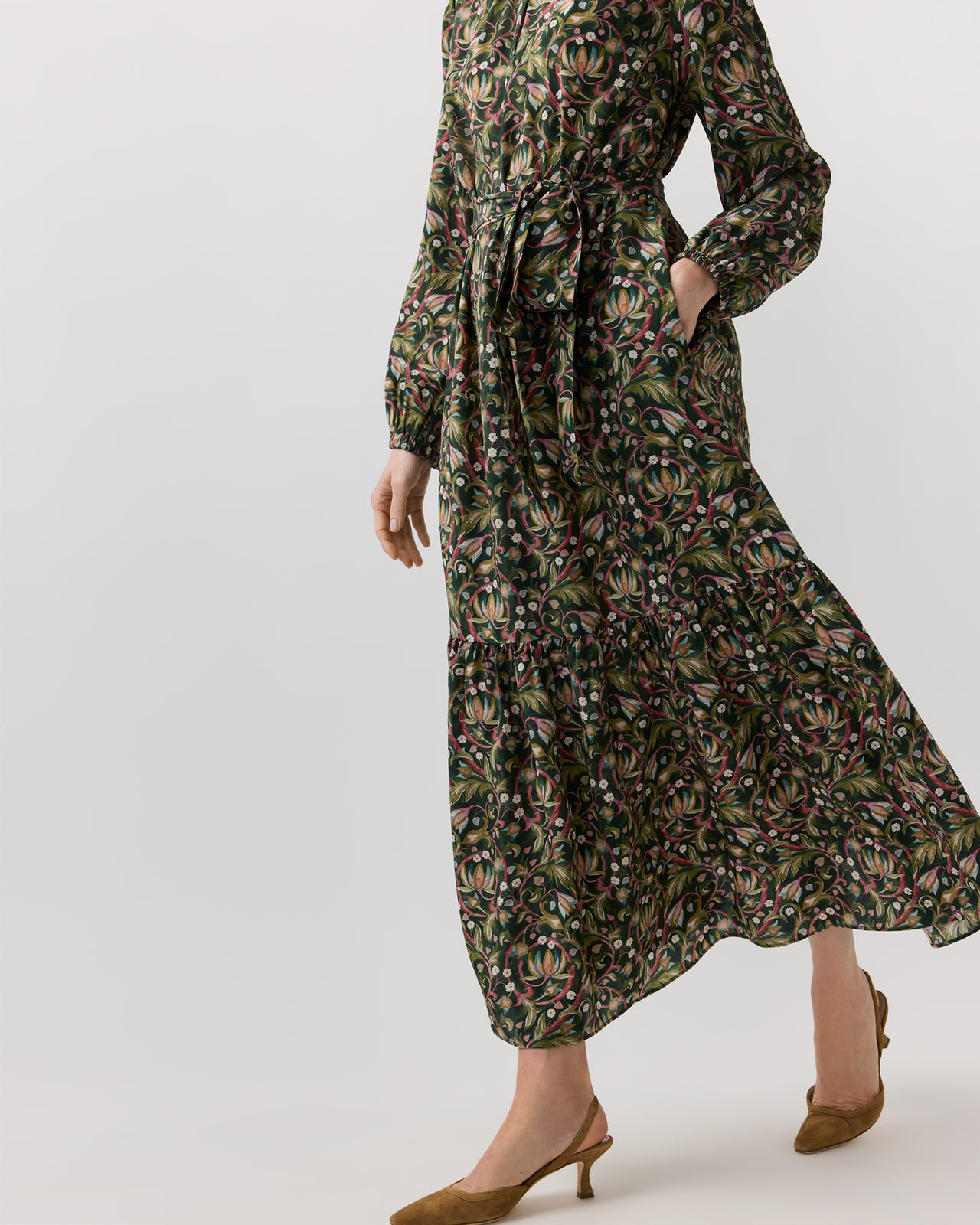 Aba Maxi Dress in Olive/Rose The West Garden Liberty Fabric Silk