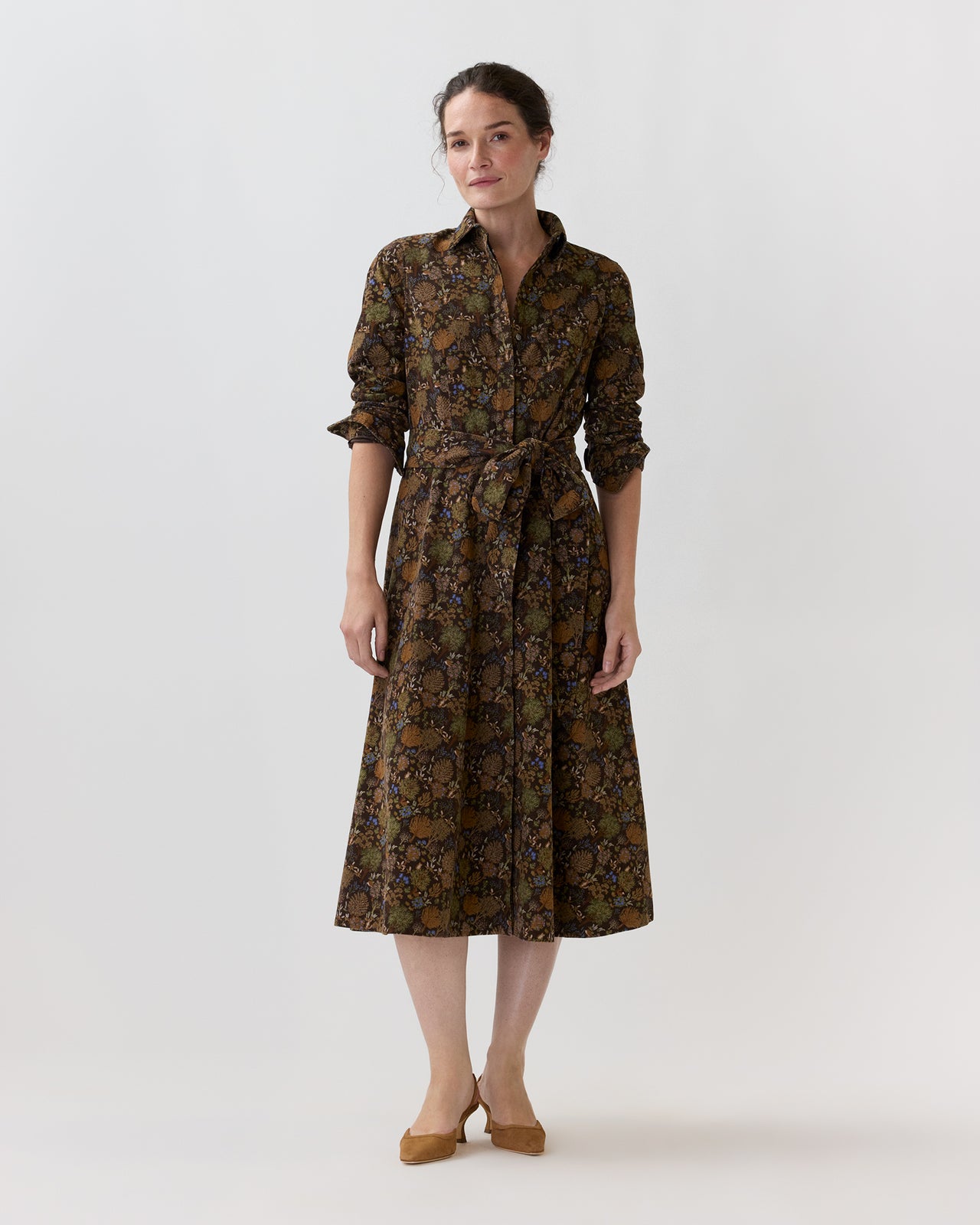 Avery Midi Shirtwaist Dress in Brown/Multi Woodland Print Lightweight Corduroy