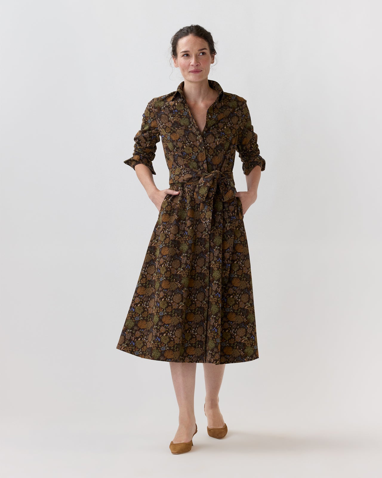 Avery Midi Shirtwaist Dress in Brown/Multi Woodland Print Lightweight Corduroy