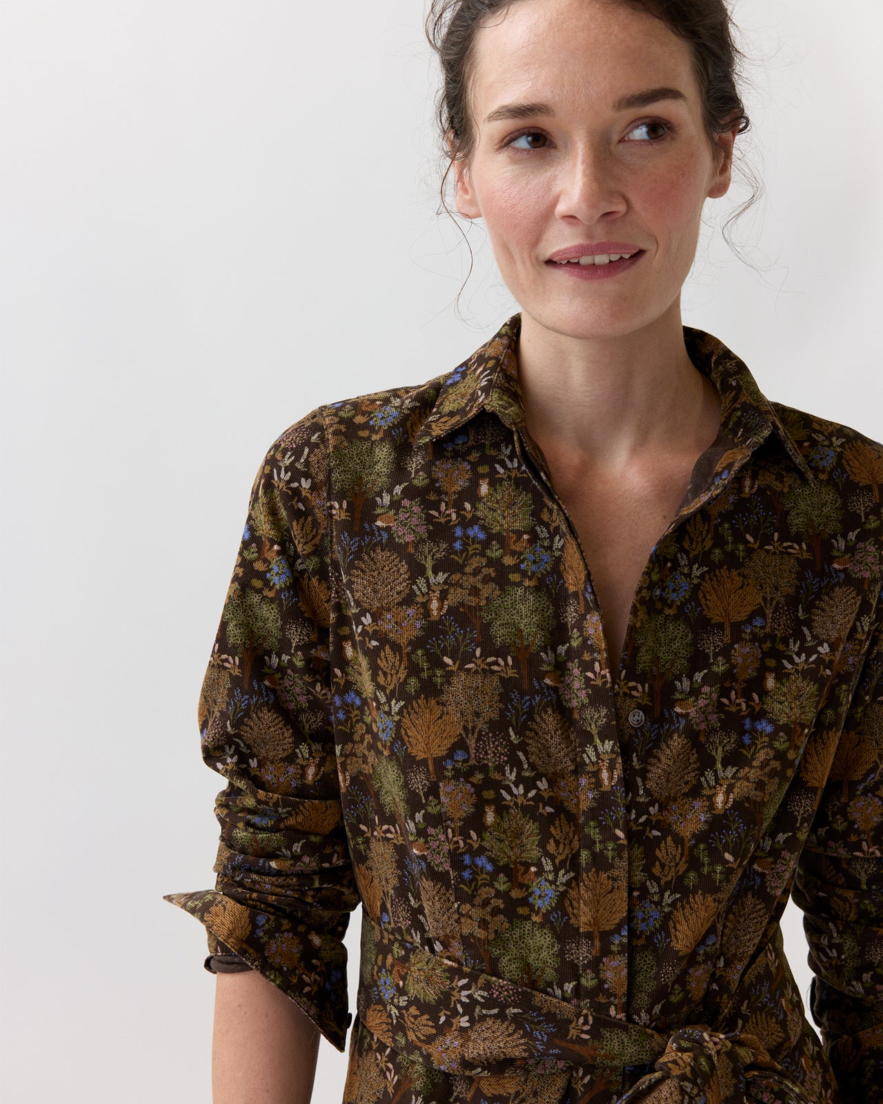 Avery Midi Shirtwaist Dress in Brown/Multi Woodland Print Lightweight Corduroy