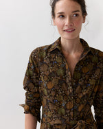 Load image into Gallery viewer, Avery Midi Shirtwaist Dress in Brown/Multi Woodland Print Lightweight Corduroy
