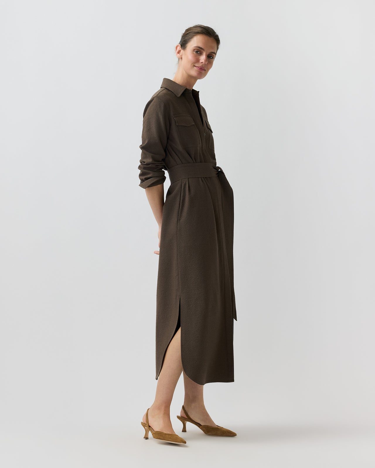 Maude Dress in Bark Crinkle Cotton/Wool
