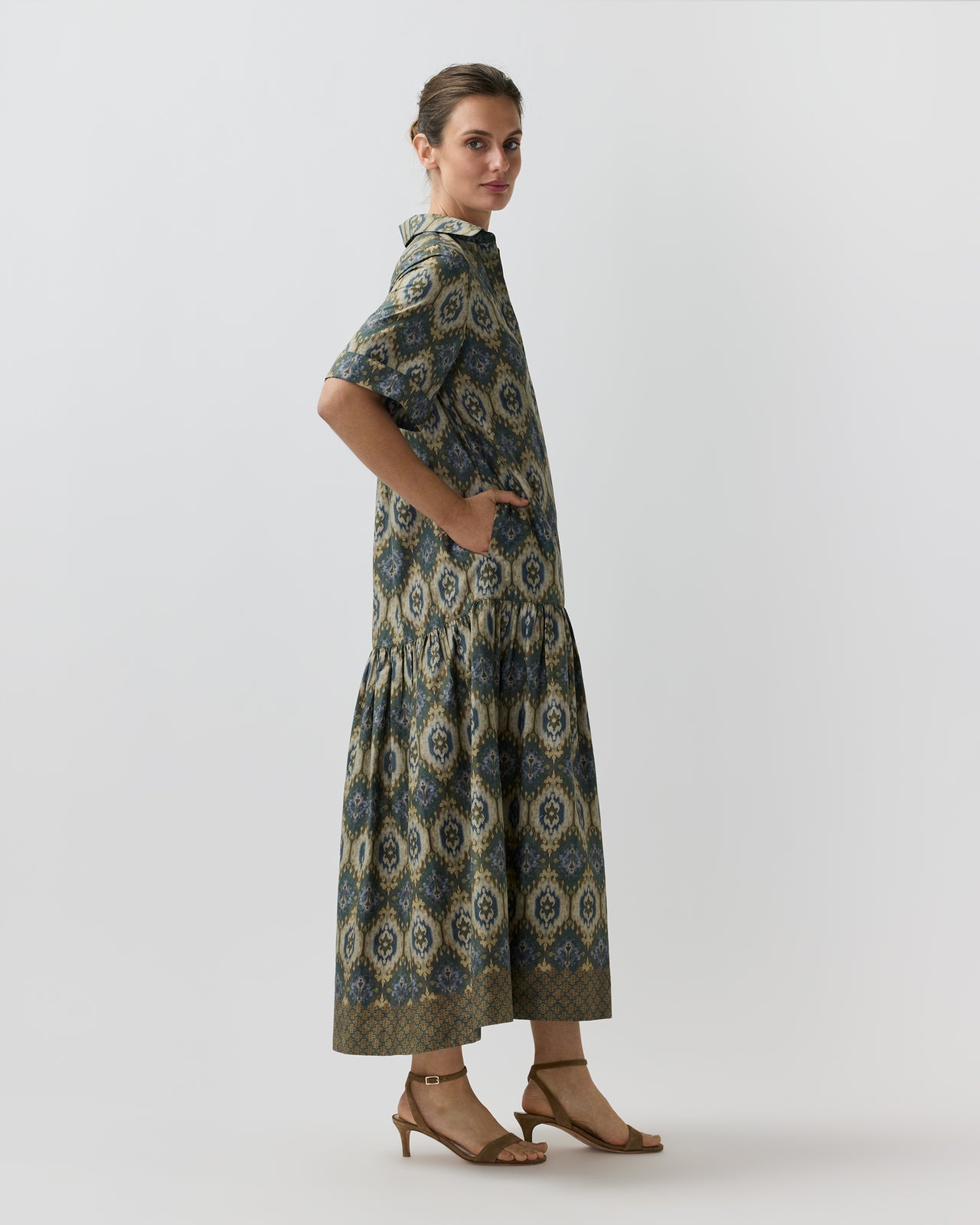 Nathalie Dress in Spruce/Tobacco/Multi Painted Tapestry Poplin