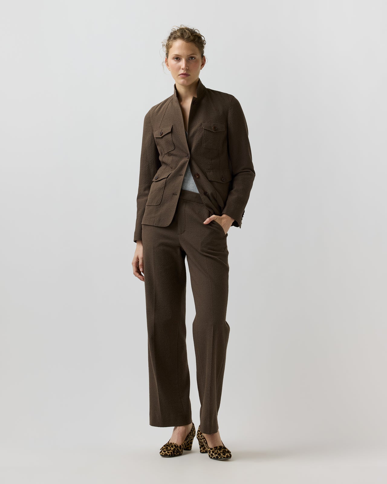 Cecile Cargo Jacket in Bark Crinkle Cotton/Wool