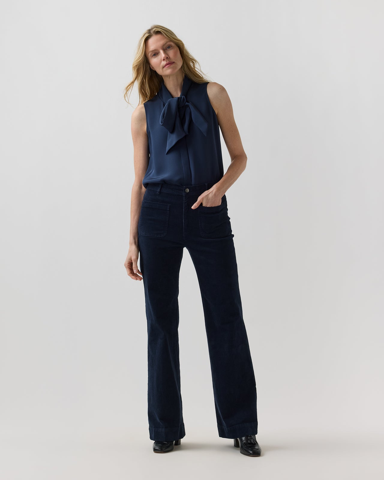 Camille Patch-Pocket Jean in Navy Stretch Corduroy