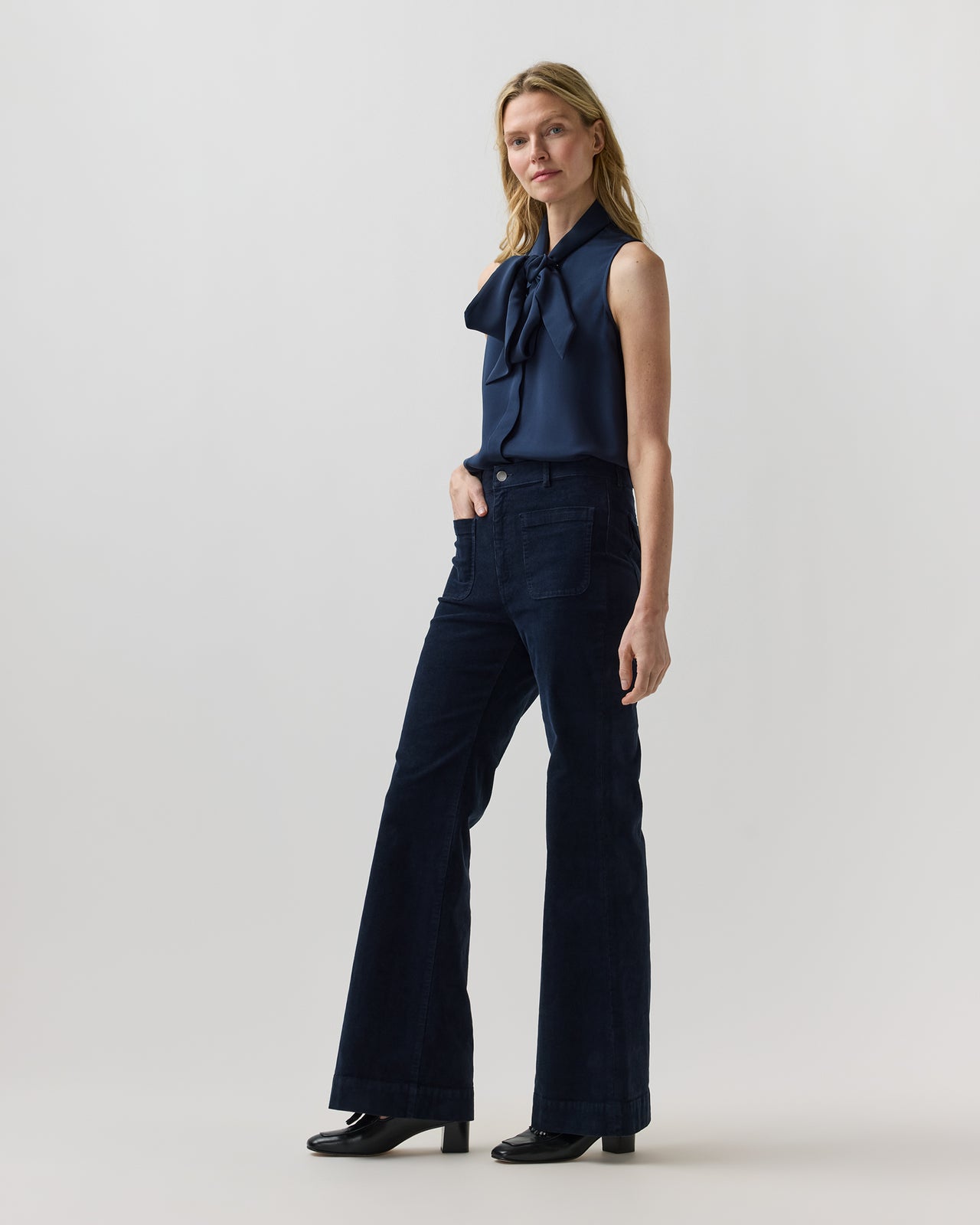 Camille Patch-Pocket Jean in Navy Stretch Corduroy
