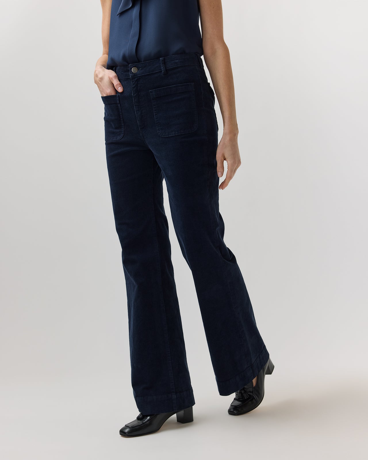 Camille Patch-Pocket Jean in Navy Stretch Corduroy