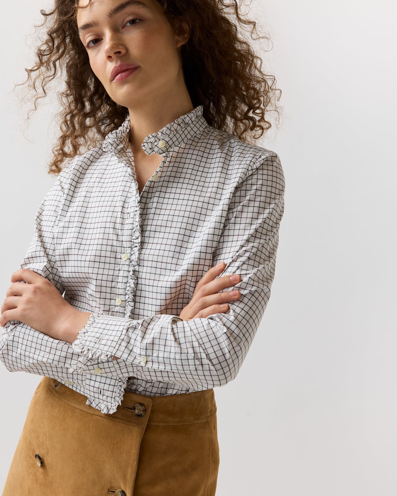 Frill Shirt in Olive/Bark Tattersall Poplin