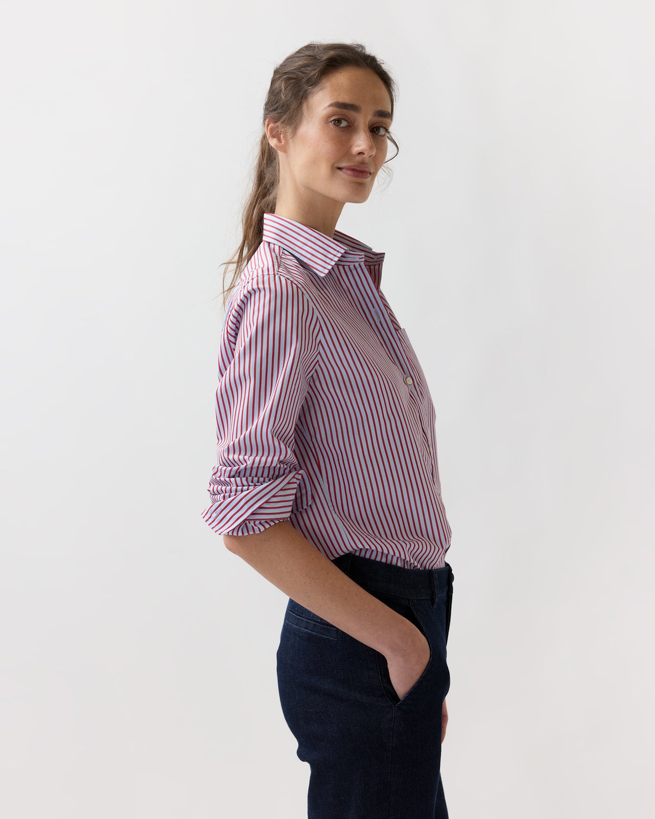 Sidney Shirt in Red/Sky Banker Stripe Poplin