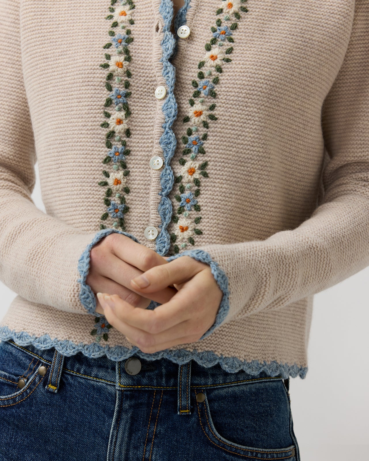 Aloise Embroidered Cardigan in Oatmeal/Multi Extra Fine Merino Wool