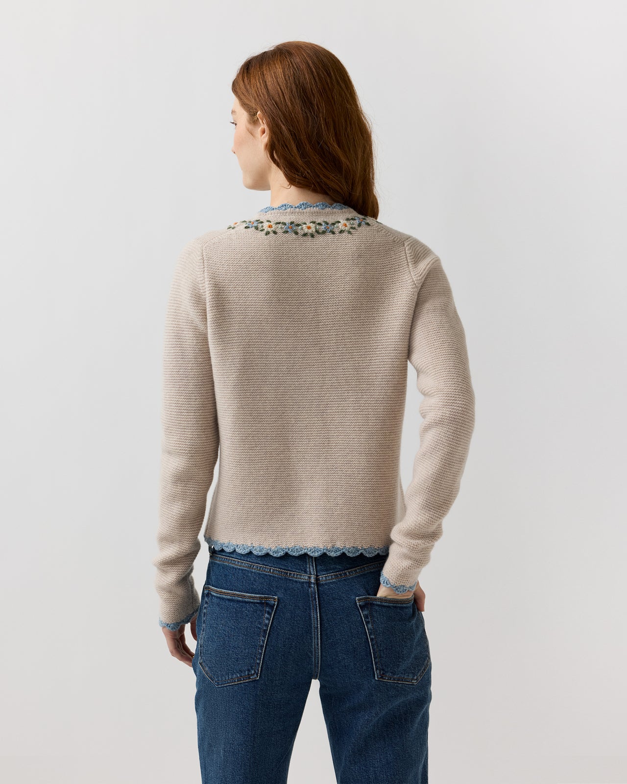 Aloise Embroidered Cardigan in Oatmeal/Multi Extra Fine Merino Wool