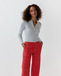 Long-Sleeved Nia Ribbed Henley in Pale Heather Grey Cotton/Silk