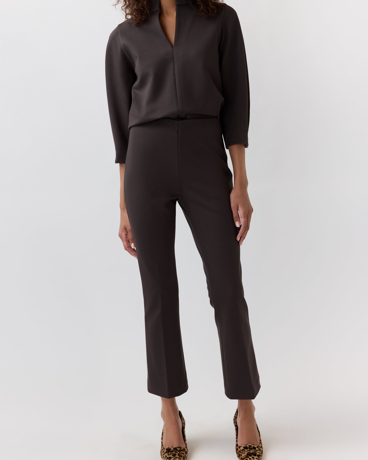 Faye Flare Cropped Pant in Coffee Bi-Stretch Tricotine