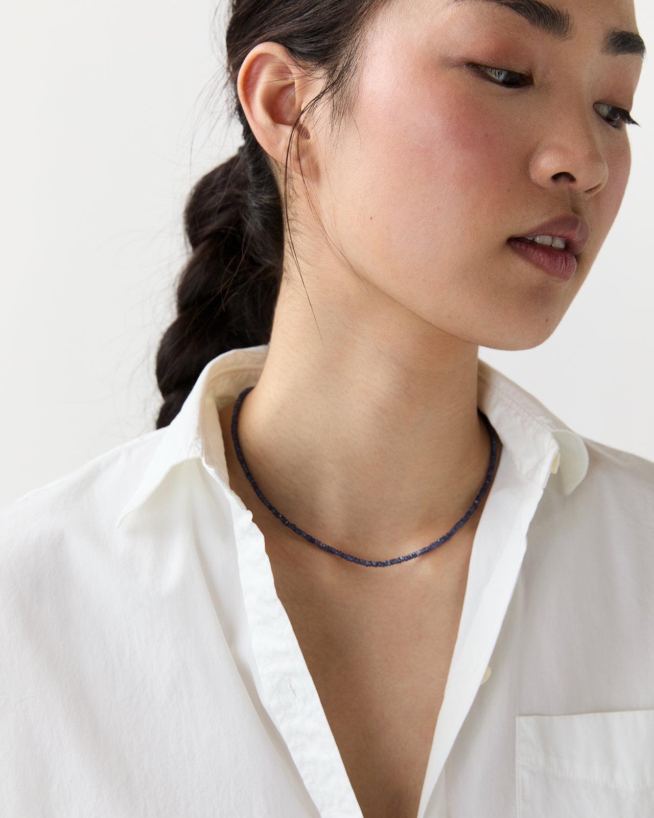 Tiny Beaded 14K Gold Necklace in Blue Sapphire