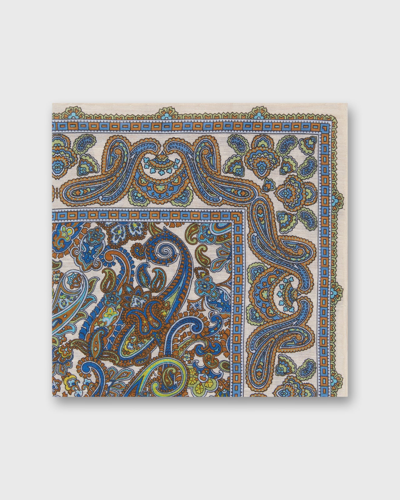Hand-Rolled Linen/Cotton Pocket Square in Ivory/Royal/Brown Paisley
