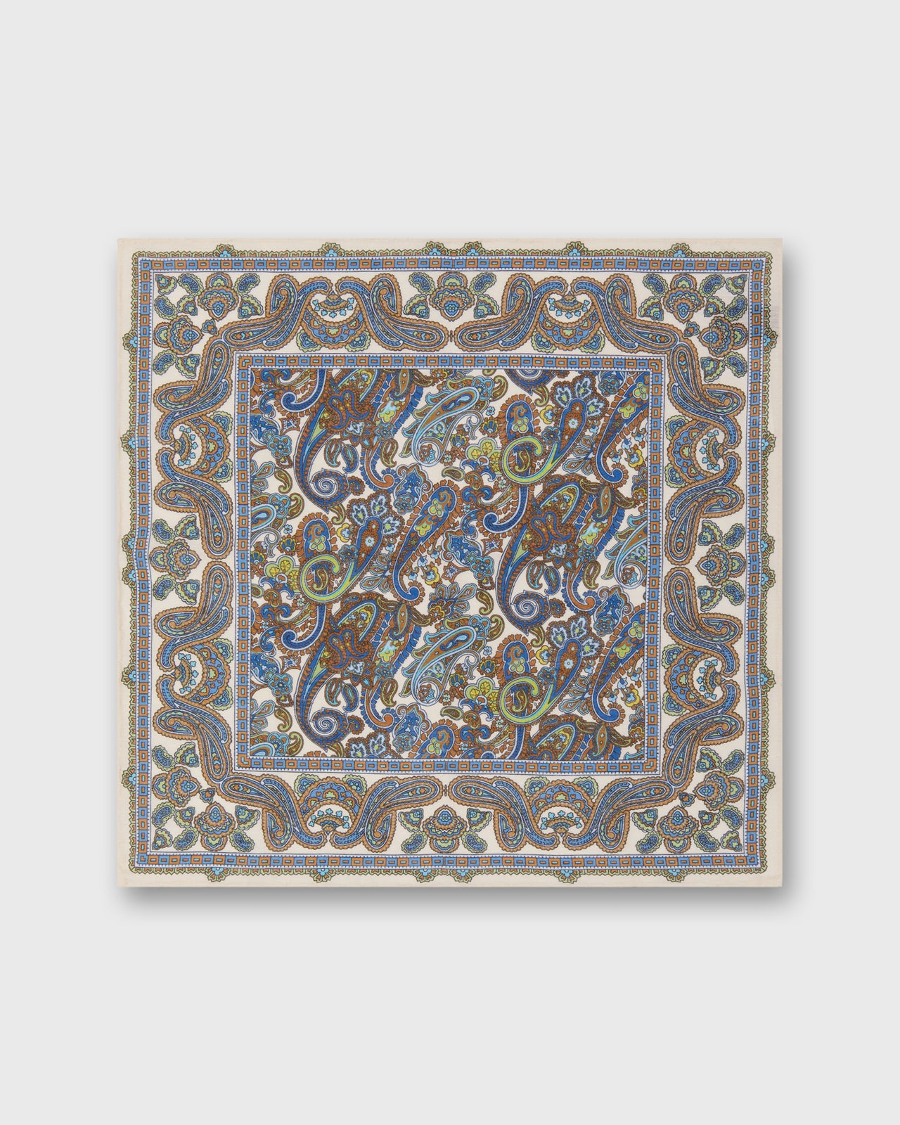 Hand-Rolled Linen/Cotton Pocket Square in Ivory/Royal/Brown Paisley