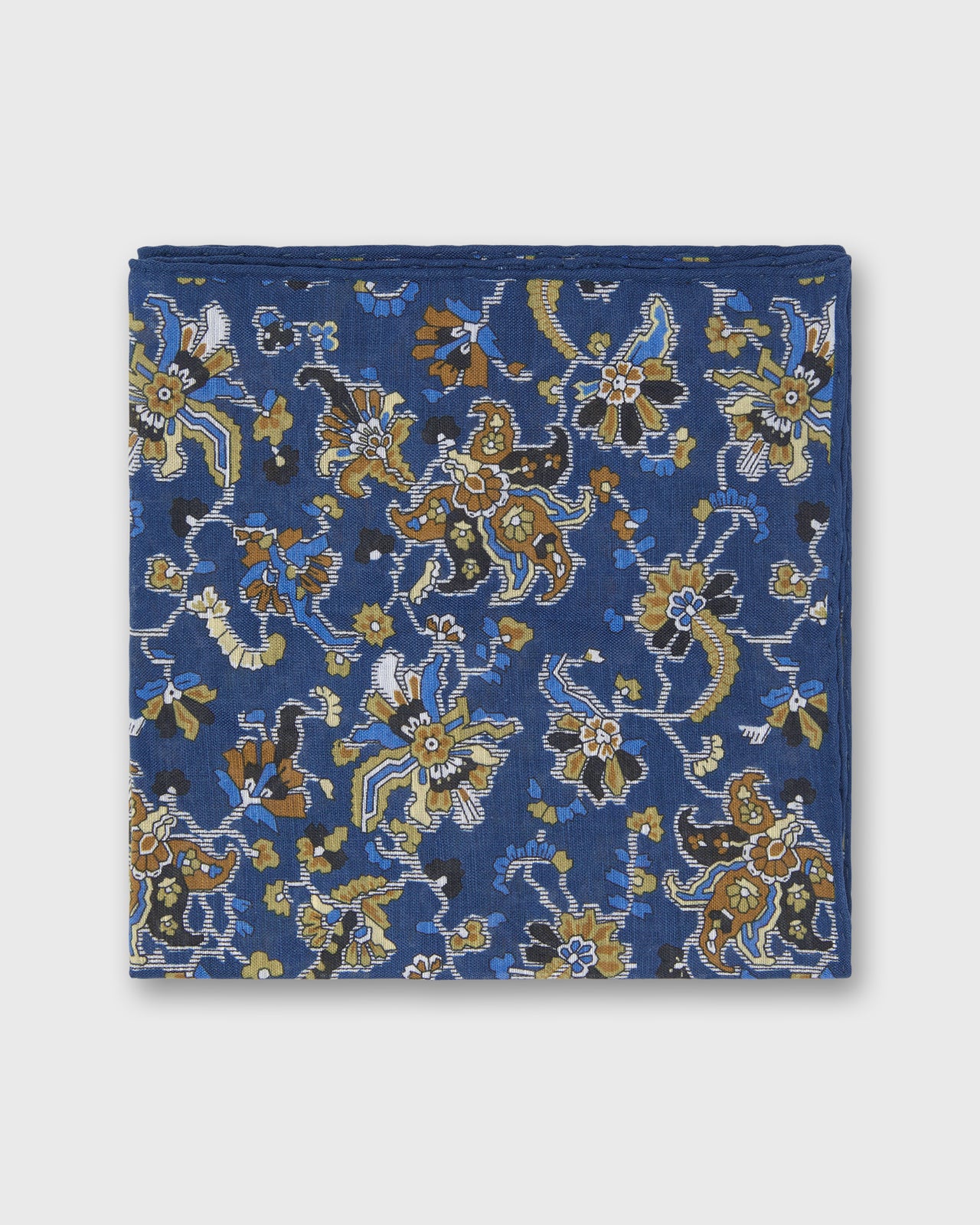 Hand-Rolled Cotolino Pocket Square in Blue/Umber Jacobean Floral