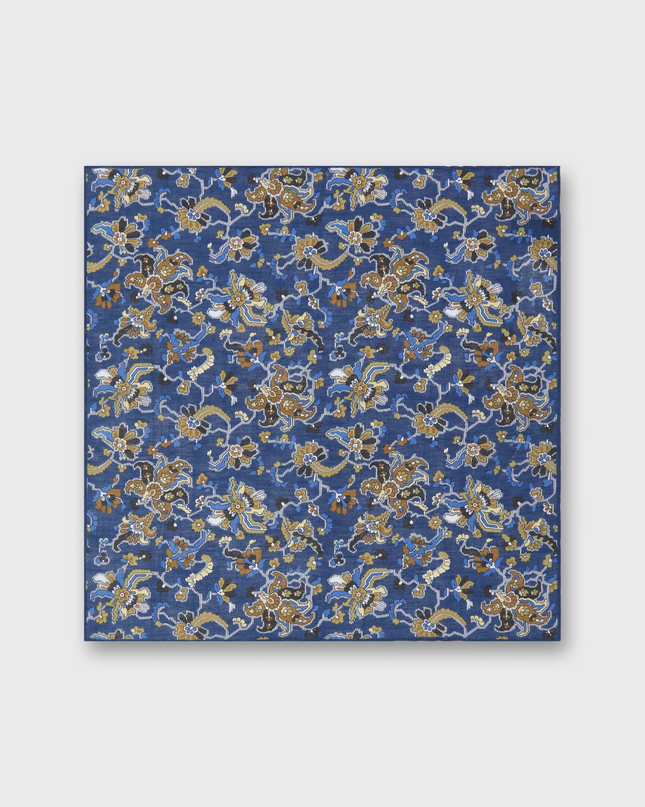 Hand-Rolled Cotolino Pocket Square in Blue/Umber Jacobean Floral