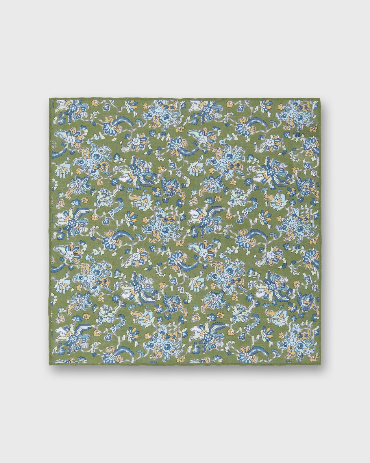 Hand-Rolled Linen/Cotton Pocket Square in Green/Sky Jacobean Floral