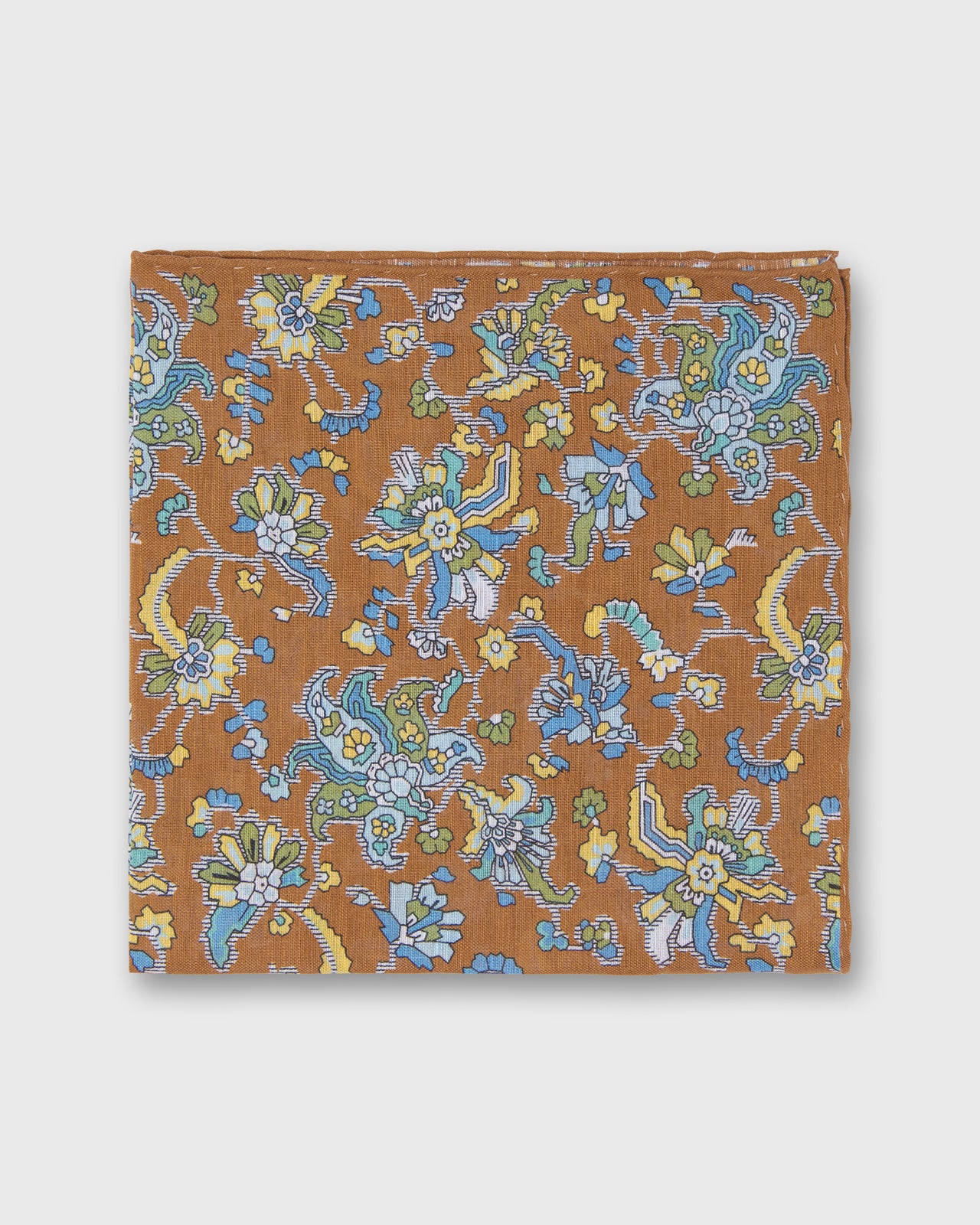 Hand-Rolled Linen/Cotton Pocket Square in Cognac/Sky Jacobean Floral