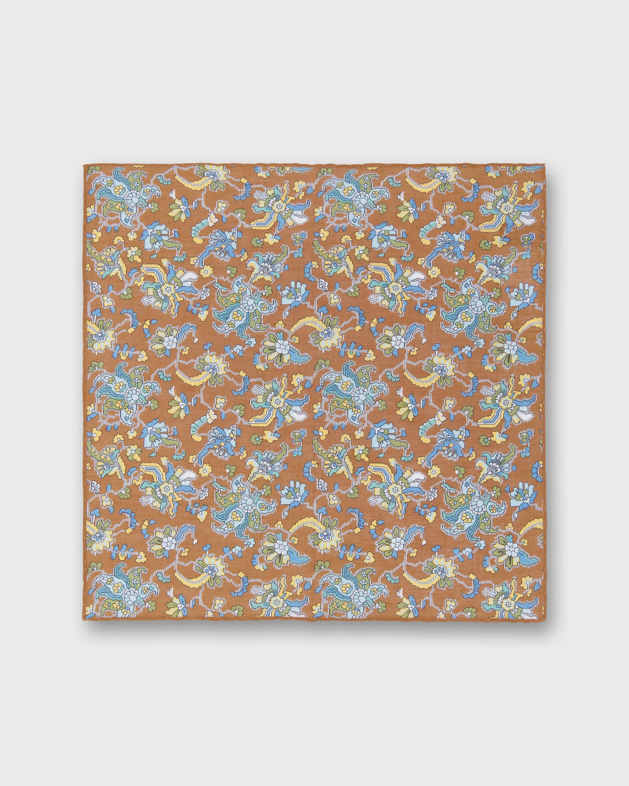 Hand-Rolled Linen/Cotton Pocket Square in Cognac/Sky Jacobean Floral