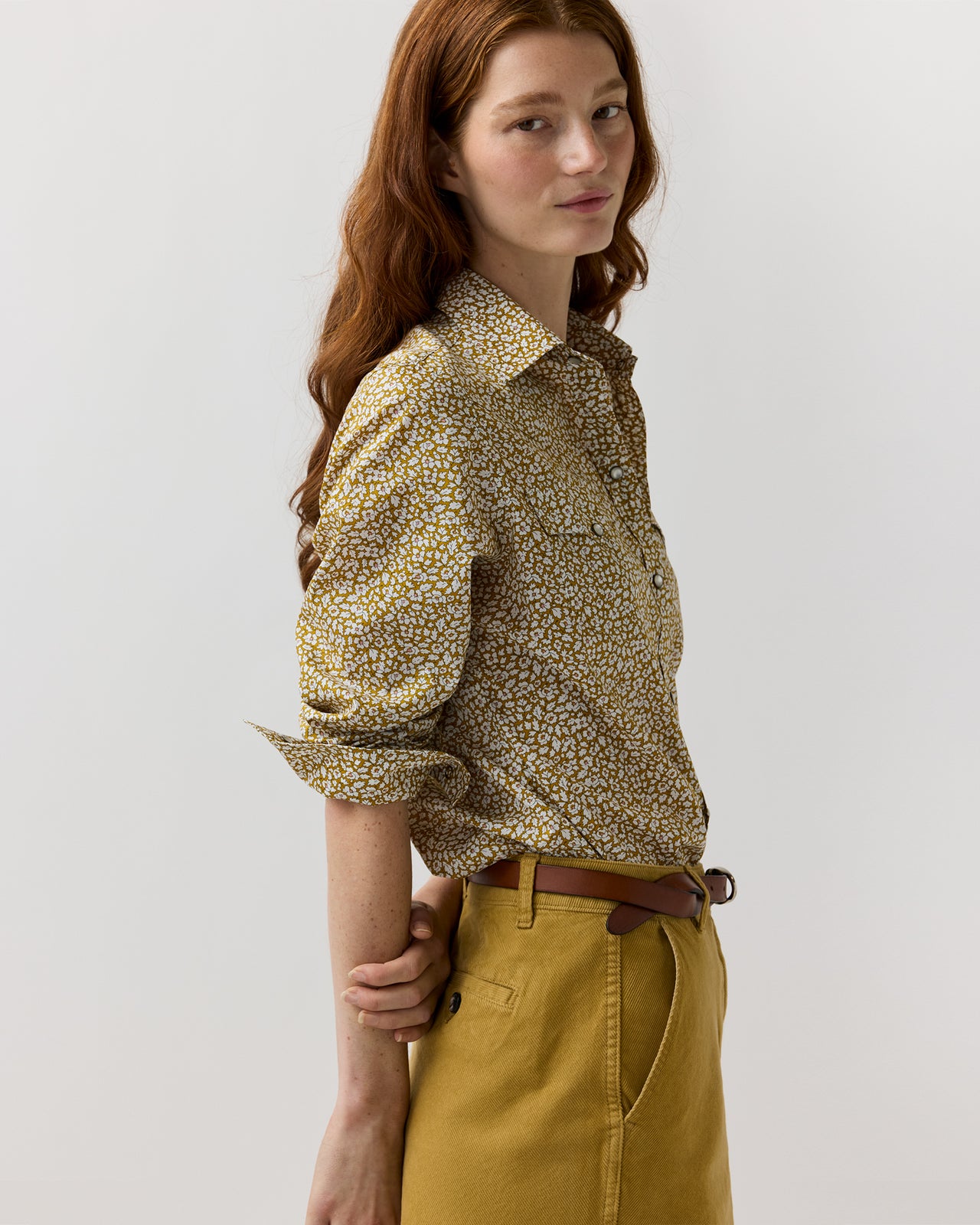 Western Shirt in Gold Feather Meadow Liberty Fabric