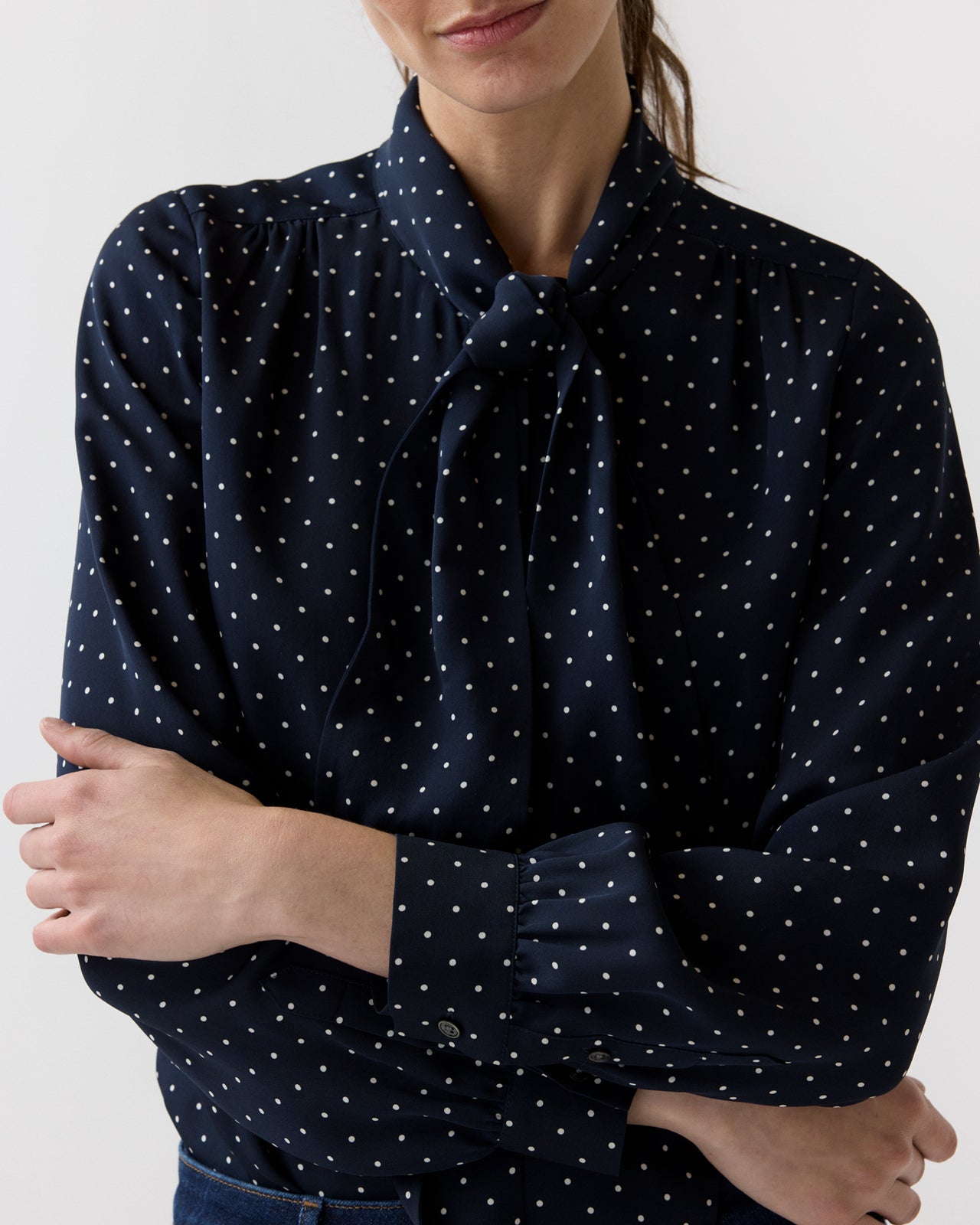 Tie-Neck Blouse in Navy/Ivory Pin Dot Silk Double Georgette