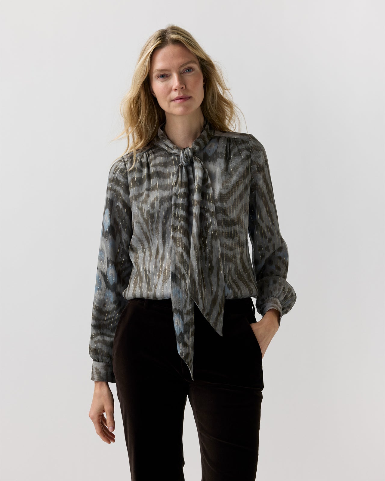 Tie-Neck Blouse in Bark/Powder Leopard Metallic Georgette
