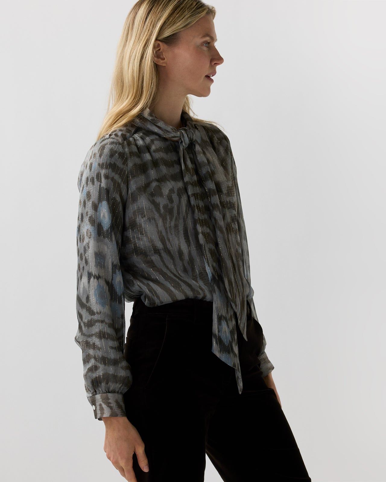Tie-Neck Blouse in Bark/Powder Leopard Metallic Georgette