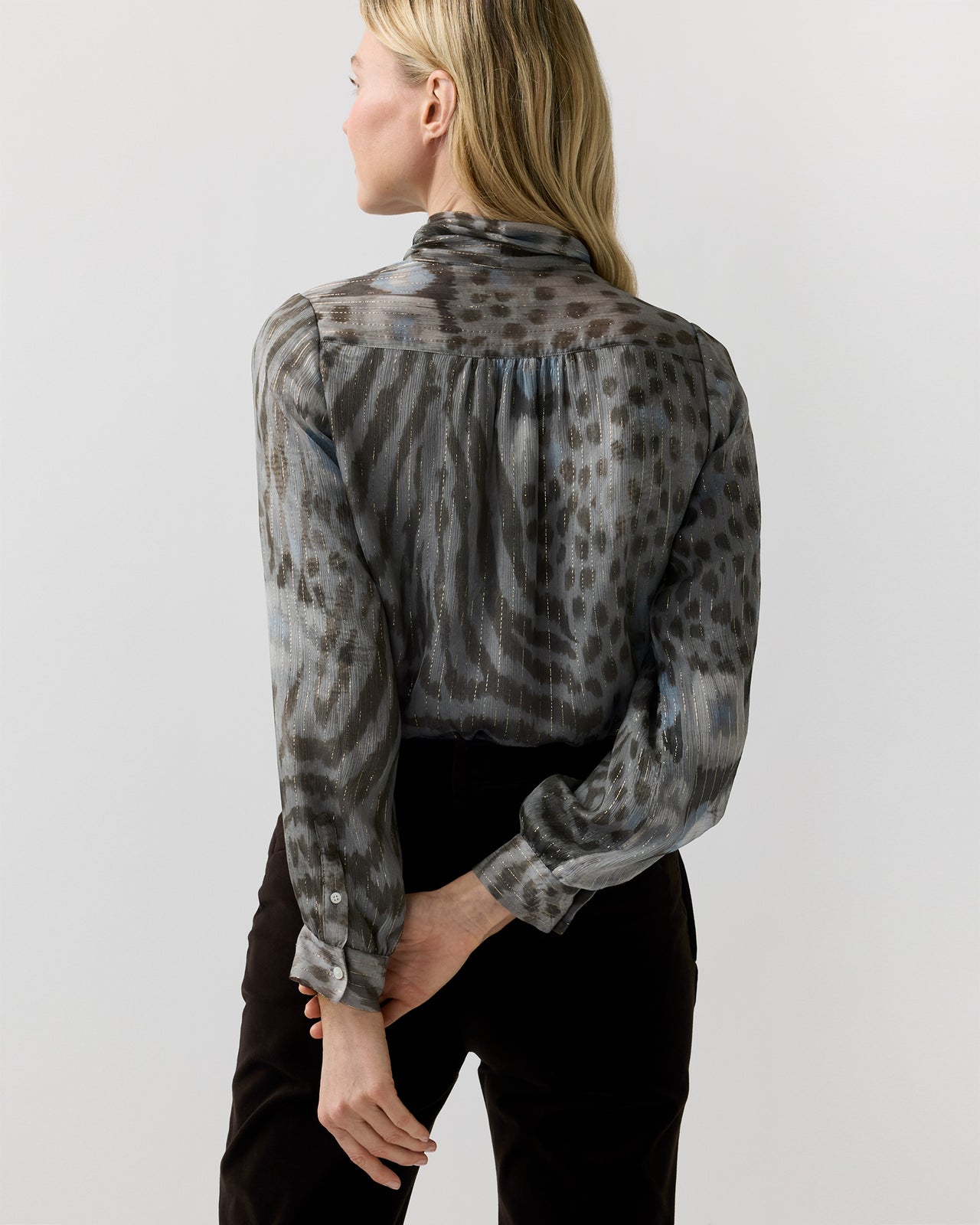 Tie-Neck Blouse in Bark/Powder Leopard Metallic Georgette