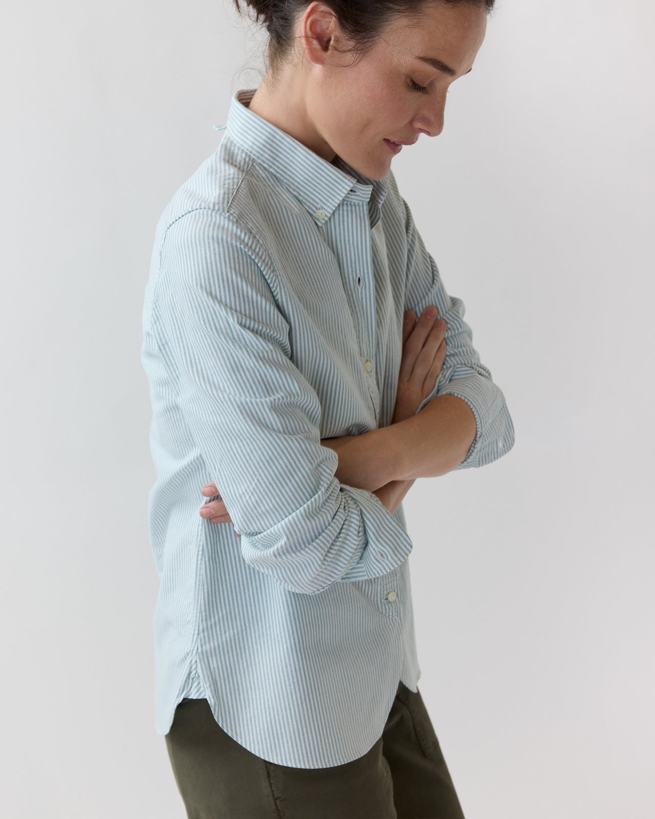 Schoolgirl Shirt in Green/White University Stripe Oxford