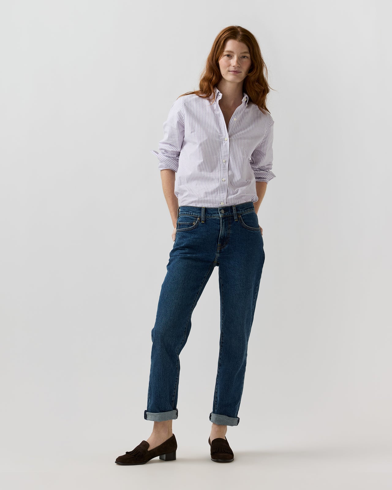 Schoolgirl Shirt in Lavender/White Bengal Stripe Oxford