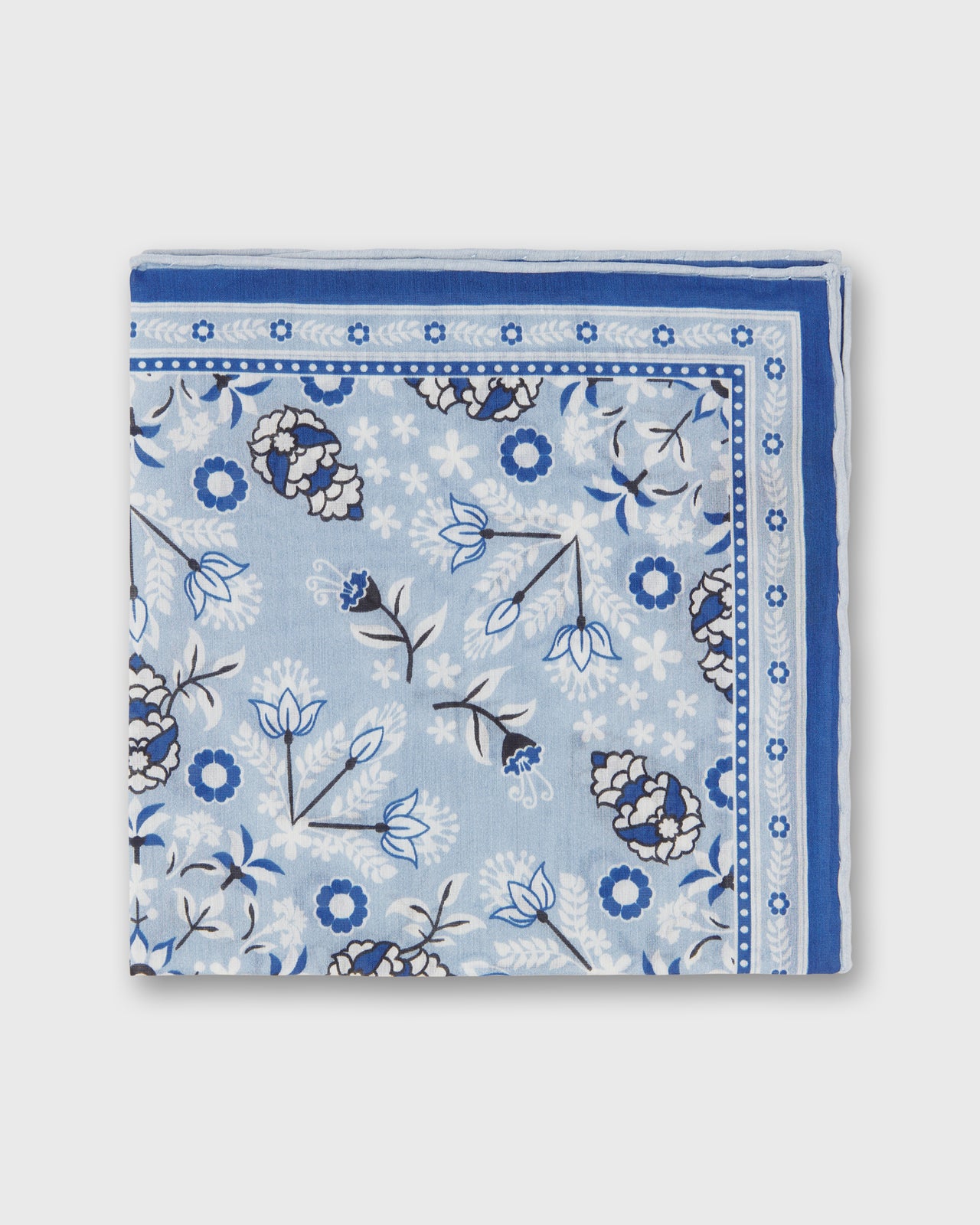 Hand-Rolled Silk/Cotton Pocket Square in Sky/Harbour/Chalk Floral