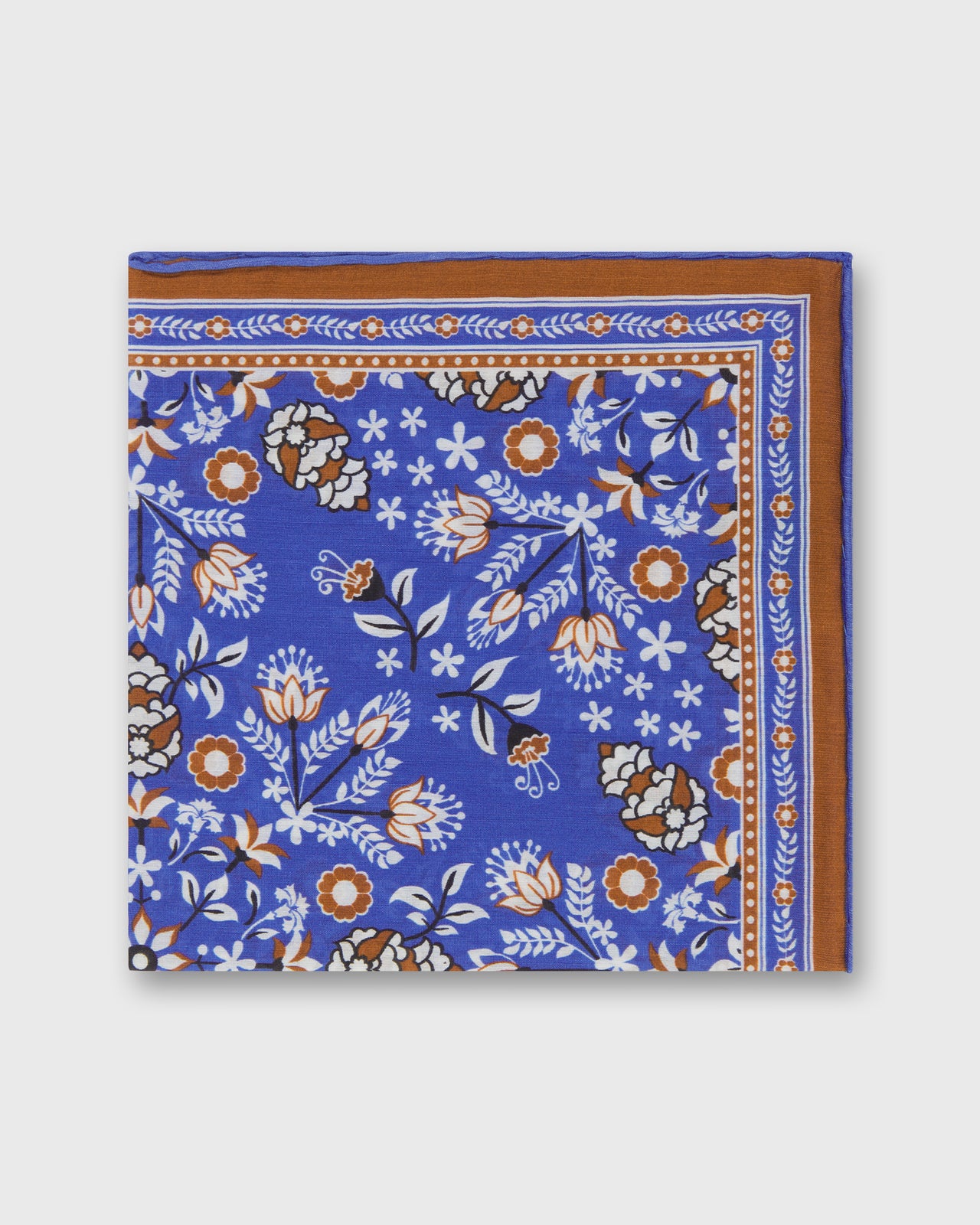 Hand-Rolled Silk/Cotton Pocket Square in Blue/Umber/Chalk Floral