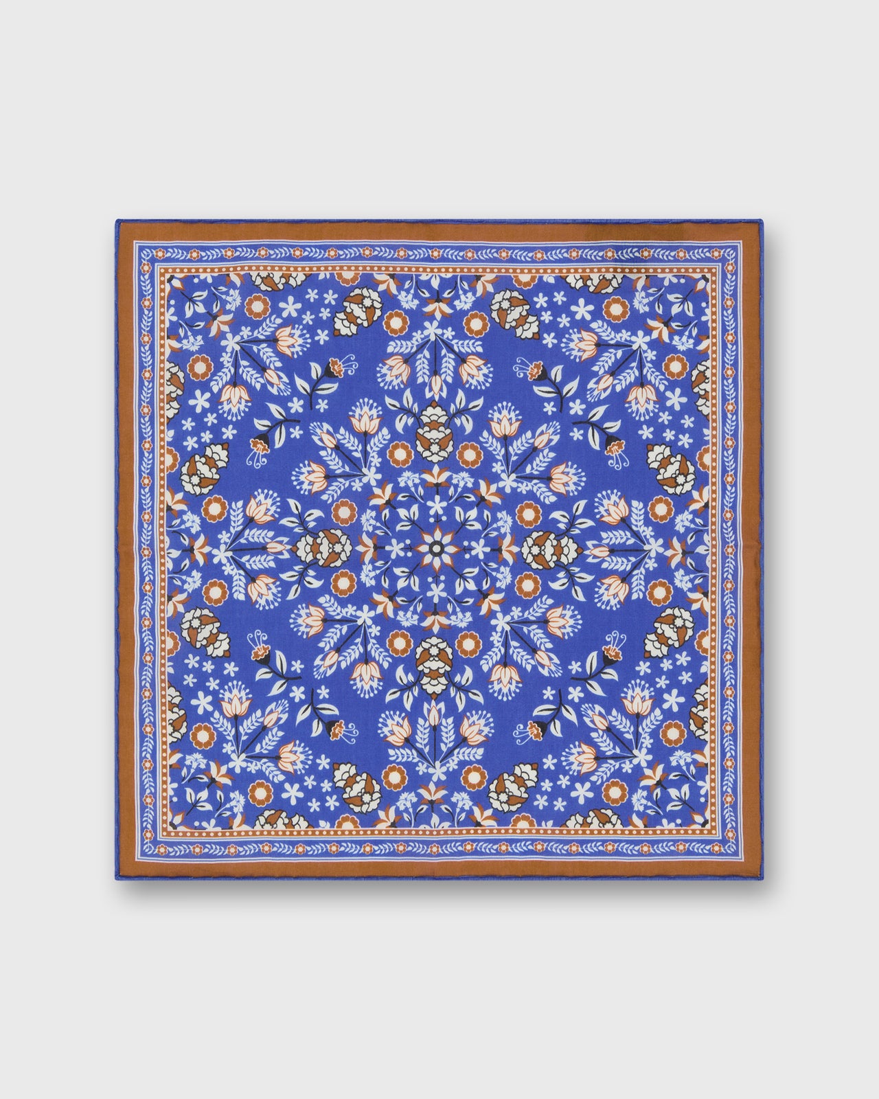Hand-Rolled Silk/Cotton Pocket Square in Blue/Umber/Chalk Floral