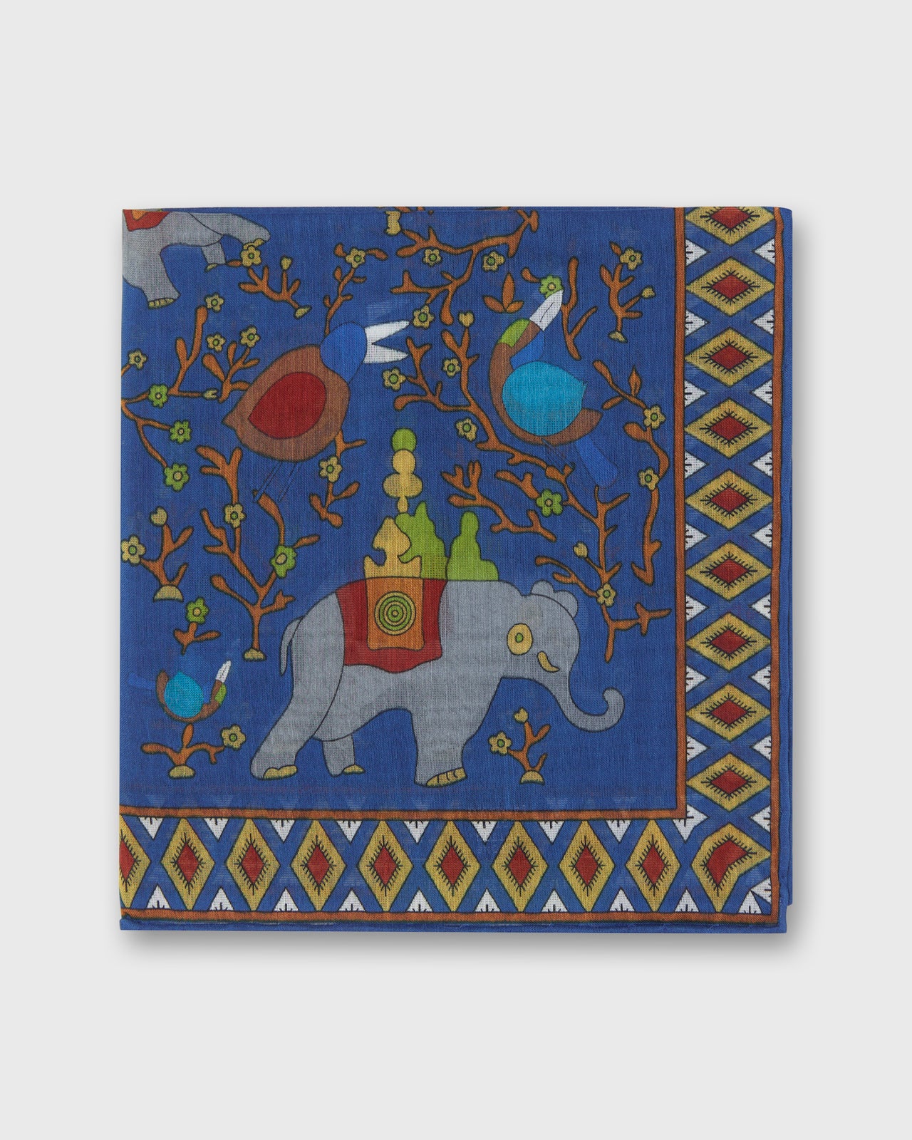 Hand-Rolled Cotton Pocket Square in Blue/Red Elephant