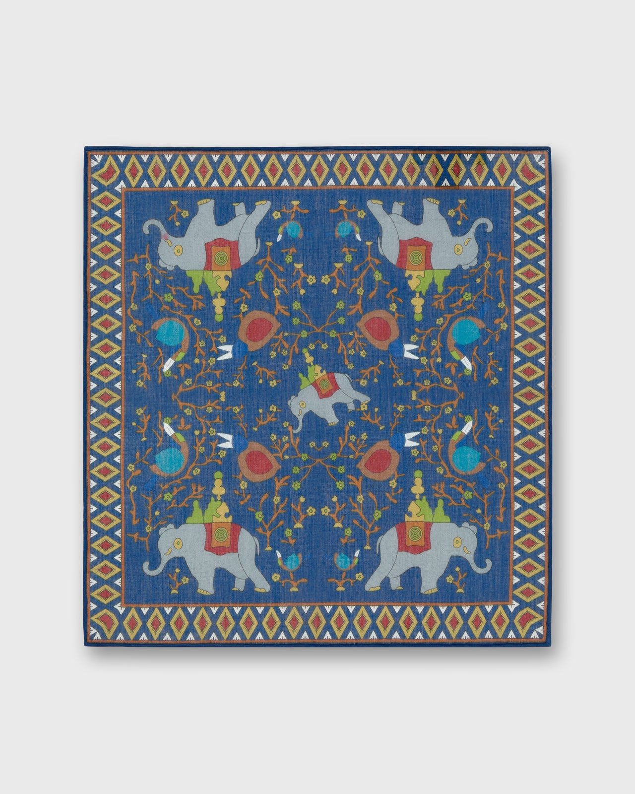 Hand-Rolled Cotton Pocket Square in Blue/Red Elephant