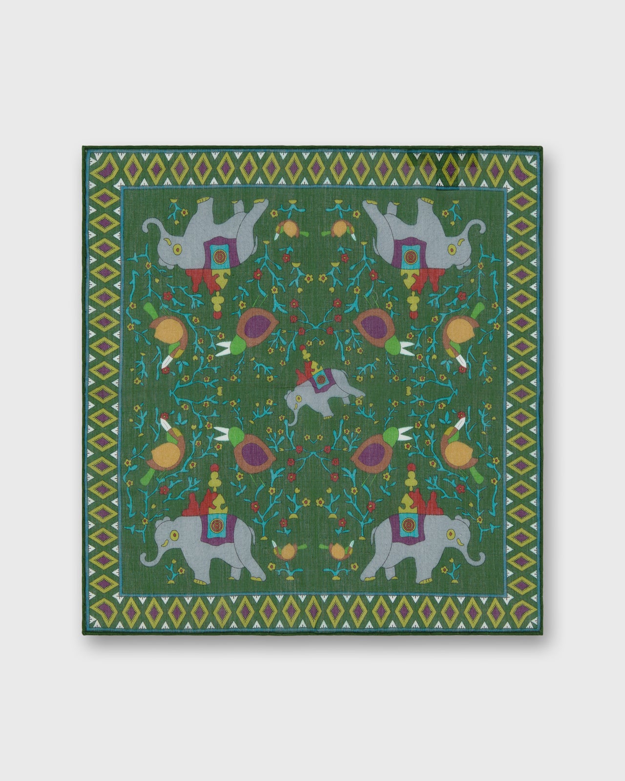 Hand-Rolled Cotton Pocket Square in Green/Purple Elephant