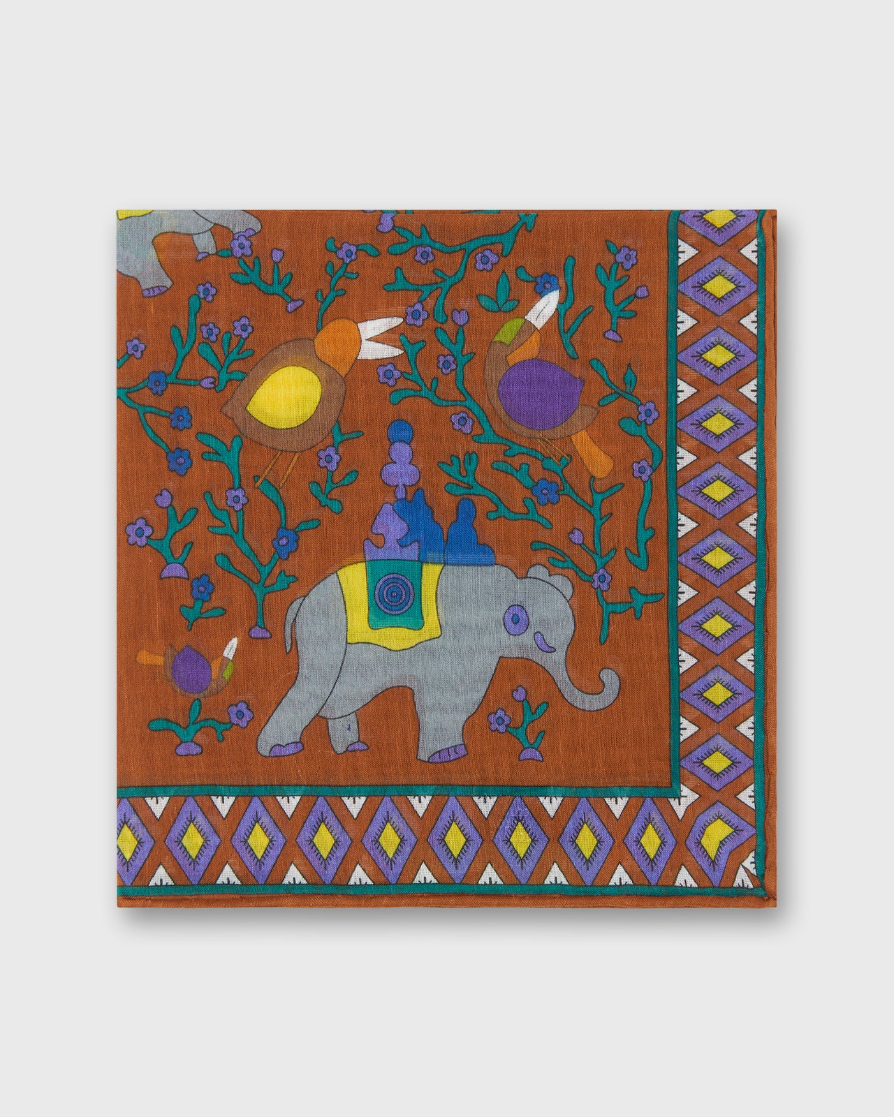 Hand-Rolled Cotton Pocket Square in Orange/Blue Elephant