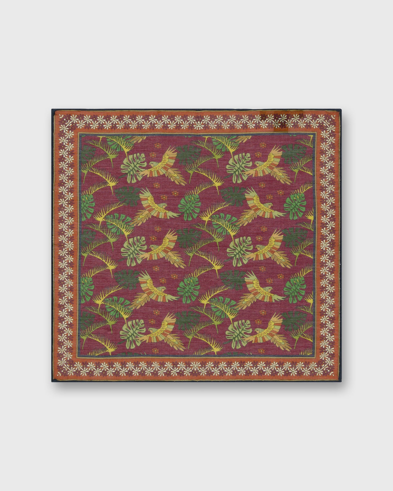 Hand-Rolled Cotton Pocket Square in Berry/Orange Tropical Bird