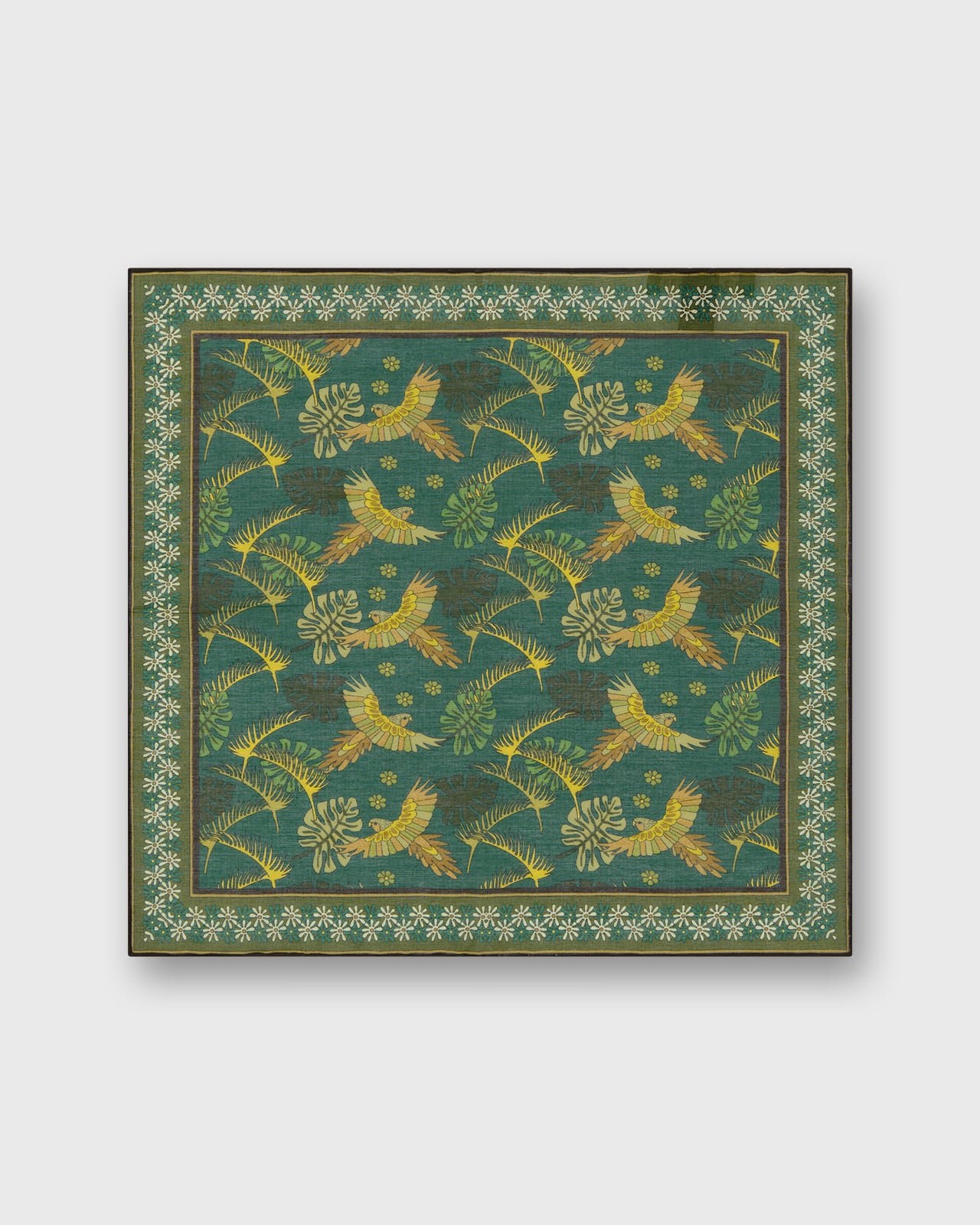 Hand-Rolled Cotton Pocket Square in Green/Brown Tropical Bird Scene